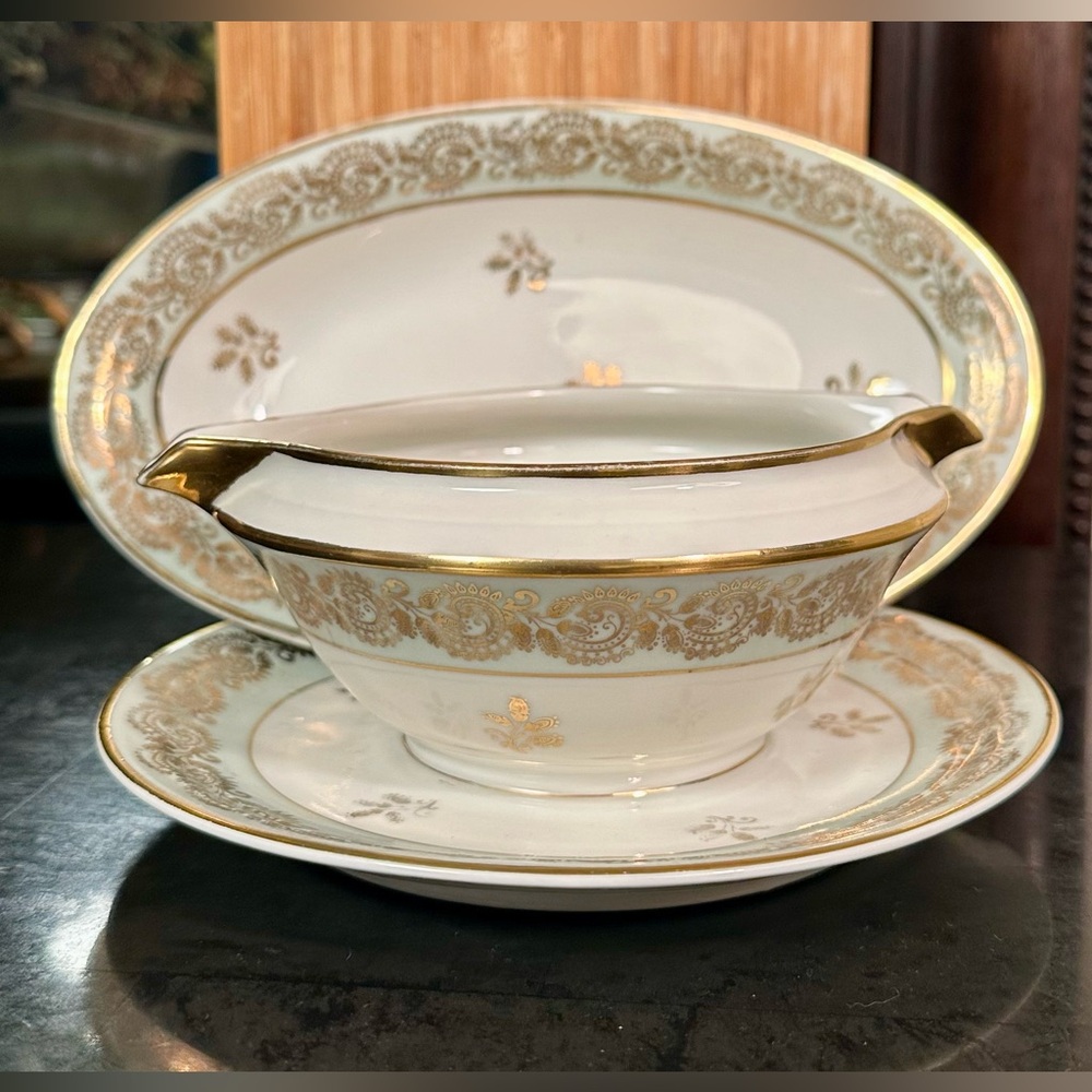 Limoges vintage gravy boat and serving tray set.